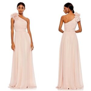 NWT 49536 Mac Duggal One Shoulder Dot Ruffle Maxi Gown Pink